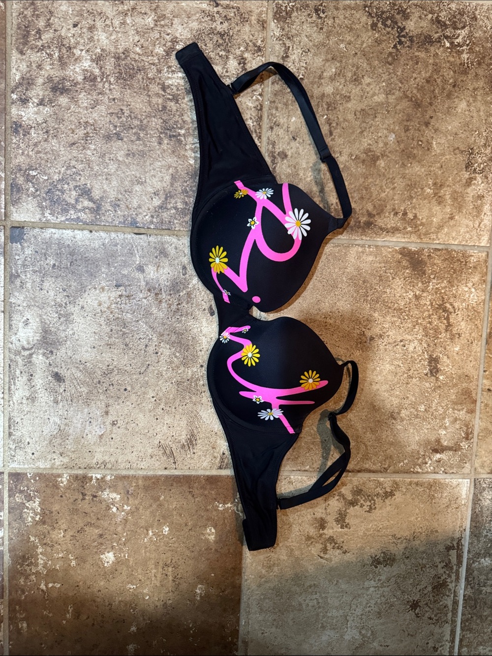 PINK Victoria's Secret Black Bra with Pink Script and Daisy Print